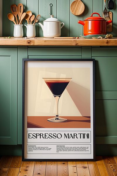 HİGUERA Esppresso Martini Ilustrație BAR Tablou de perete de bucătărie cu cadru din lemn natural