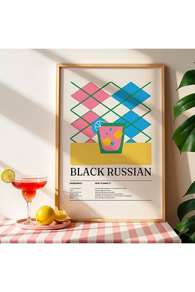 HİGUERA Black Russian BAR Tablou de perete de bucătărie cu cadru din lemn natural
