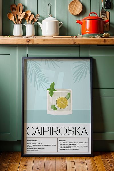 HİGUERA Caipiroska Cocktail BAR Tablou de perete de bucătărie cu cadru din lemn natural