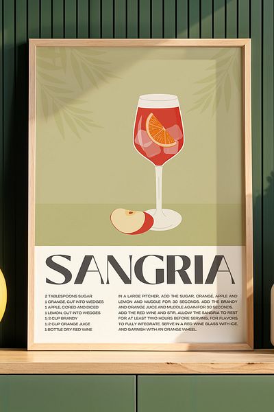 HİGUERA Minimalist Sangria Cocktail BAR Tablou de perete de bucătărie cu cadru din lemn natural