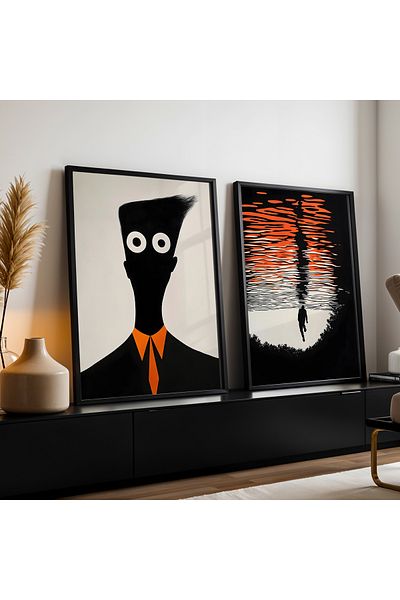 HİGUERA Desen abstract Roșu Abstract Dublu Pictură de perete cu cadru din lemn natural