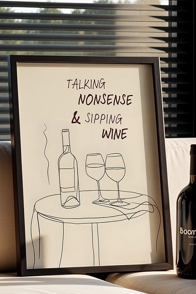 HİGUERA Talking Nonsense and Wine BAR Tablou de perete pentru bucătărie cu rame din lemn natural