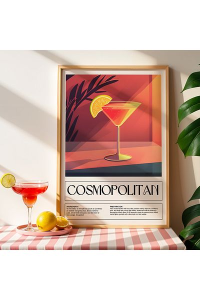 HİGUERA Ilustrație colorată Cosmopolitan BAR Tablou de perete de bucătărie cu rame din lemn natural
