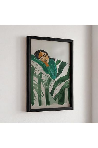 HİGUERA Relaxing Female Figure Natural Wooden Framed Painting in Emerald Green Tones