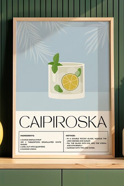 HİGUERA Caipiroska Cocktail Modern BAR Tablou de perete de bucătărie cu cadru din lemn natural