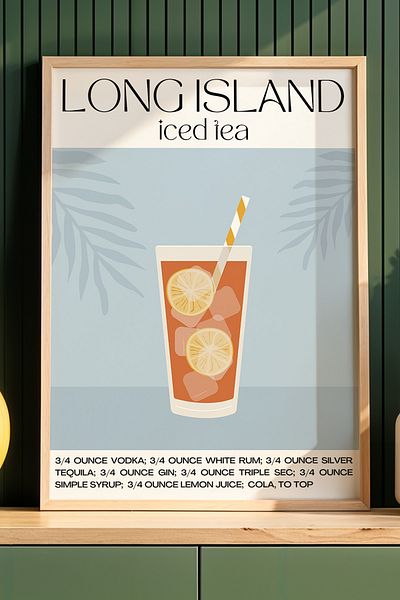 HİGUERA Long Island Iced Tea Minimalist Cocktail BAR Tablou de perete de bucătărie cu cadru din lemn natural