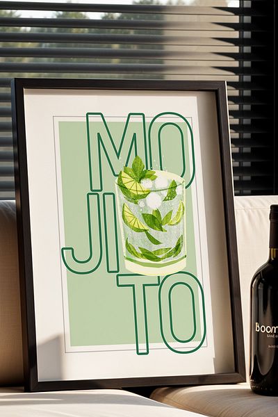 HİGUERA Mojito Cocktail Bar Ilustrație BAR Tablou de perete de bucătărie cu cadru din lemn natural