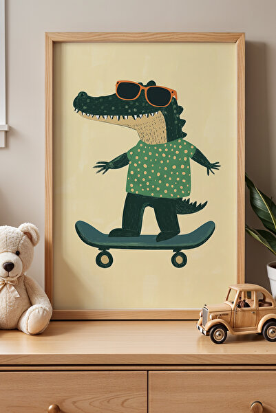 HİGUERA Kaykaycı Timsah Çocuk Odası Ve Bebek Odası Ahşap Çerçeveli Duvar Tablosu