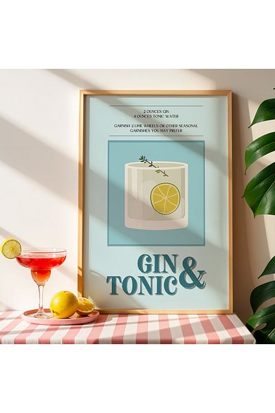 HİGUERA Colorat Gin Tonic BAR Tablou de perete pentru bucătărie cu cadru din lemn natural