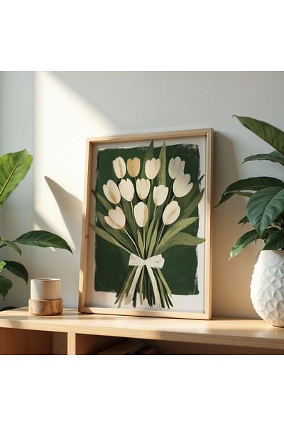 HİGUERA Buchet de lalele albe Decor de perete elegant Pictură înrămată din lemn natural