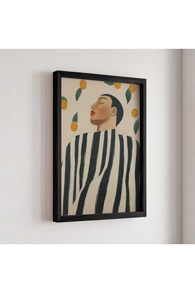 HİGUERA Portret de bărbat în dungi alb-negru, stil modern și uimitor, pictură într-un cadru din lemn natural