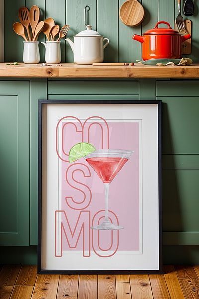 HİGUERA Cosmo Cocktail Bar Ilustrație BAR Tablou de perete de bucătărie cu cadru din lemn natural