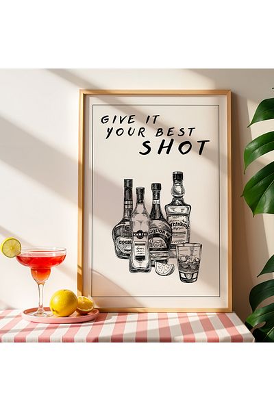 HİGUERA Sticle de alcool BAR cu schiță Desen Pictură de perete de bucătărie într-un cadru din lemn natural