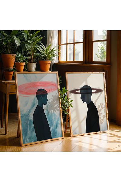 HİGUERA Set de pictură murală cu rame din lemn natural dublu abstract roșu