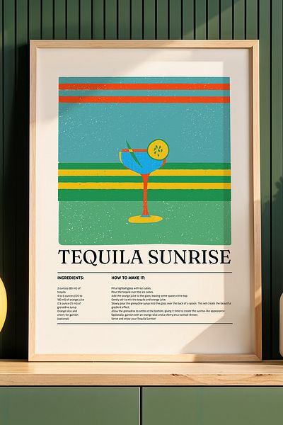HİGUERA Tequila Sunrise Cocktail BAR Tablou de perete de bucătărie cu rame din lemn natural