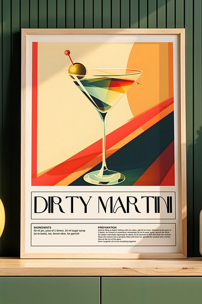 HİGUERA Dirty Martini Cocktail BAR Tablou de perete de bucătărie cu cadru din lemn natural