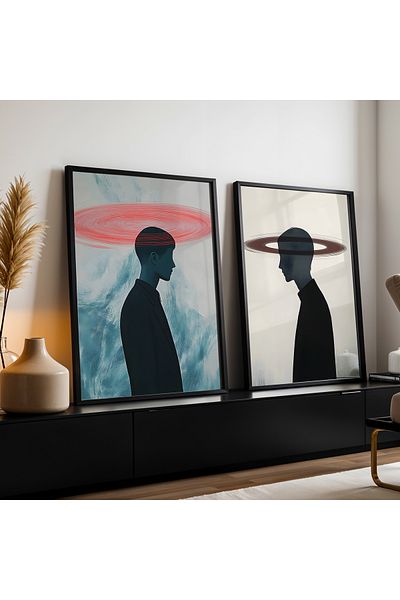 HİGUERA Set de pictură murală cu rame din lemn natural dublu abstract roșu