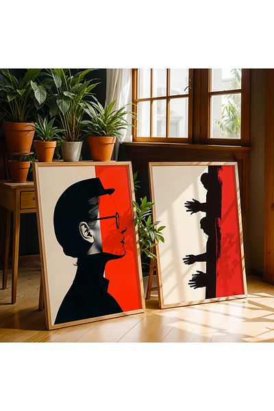 HİGUERA Figurine umane Set de pictură murală cu rame din lemn natural dublu abstract roșu