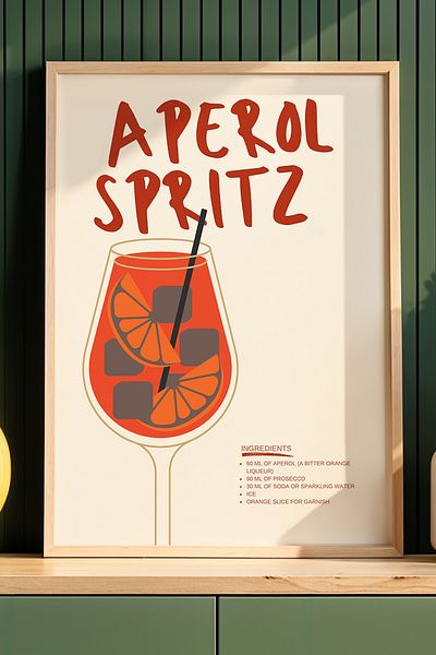 HİGUERA Aperol Spritz Minimalist BAR Tablou de perete de bucătărie cu cadru din lemn natural