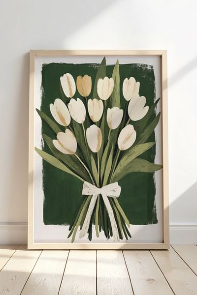 HİGUERA Buchet de lalele albe Decor de perete elegant Pictură înrămată din lemn natural