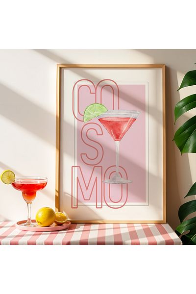 HİGUERA Cosmo Cocktail Bar Ilustrație BAR Tablou de perete de bucătărie cu cadru din lemn natural
