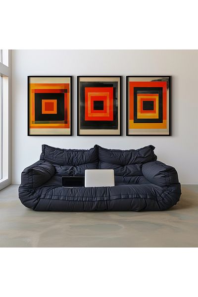 HİGUERA Geometric Red Abstract Triplu Pictură de perete cu cadru din lemn natural