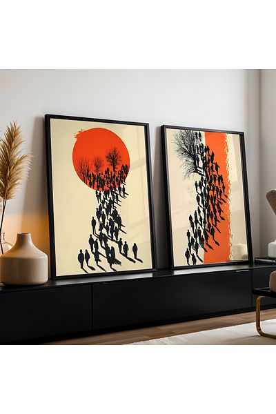 HİGUERA Figurine umane Set de pictură murală cu rame din lemn natural dublu abstract roșu