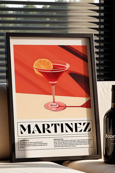 HİGUERA Minimal Martinez Illustration BAR Tablou de perete de bucătărie cu rame din lemn natural