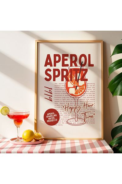 HİGUERA Aperol Spritz Ilustrat BAR Tablou de perete de bucătărie cu cadru din lemn natural