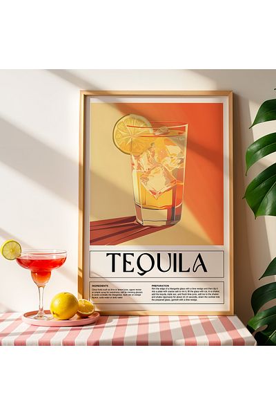 HİGUERA Tequila Retro BAR Tablou de perete pentru bucătărie cu cadru din lemn natural