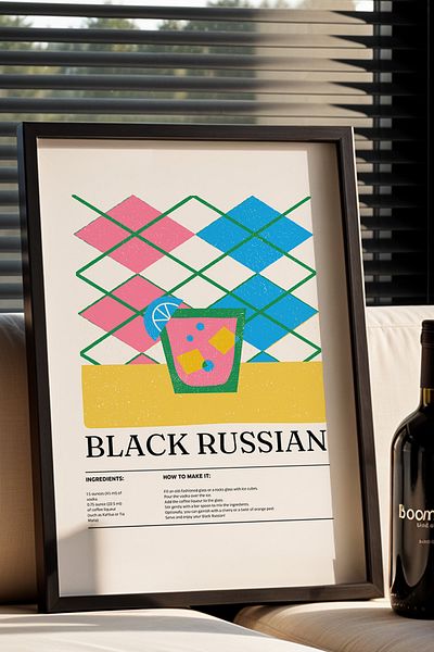 HİGUERA Black Russian BAR Tablou de perete de bucătărie cu cadru din lemn natural