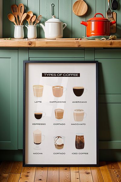 HİGUERA Coffee Corner Minimalist BAR Tablou de perete pentru bucătărie cu cadru din lemn natural