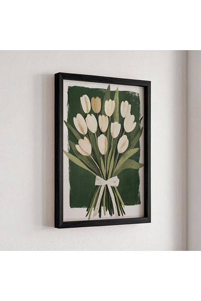 HİGUERA Buchet de lalele albe Decor de perete elegant Pictură înrămată din lemn natural