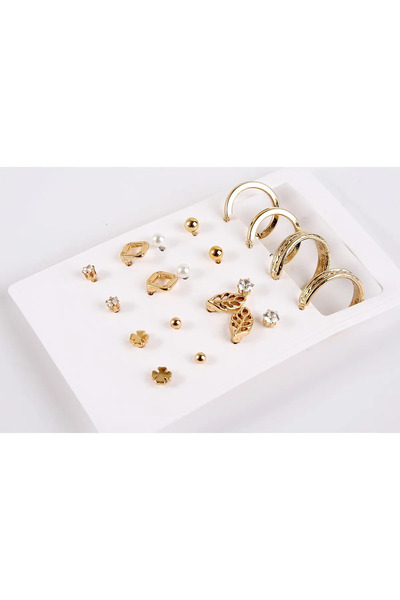MakeWell Kedi Yıldız Yonca Dörtgen Tasarımlı Halka Ve Top Küpeli Zirkon Taşlı Gold Kaplamalı 10lu Küpe Seti