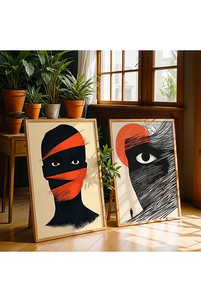HİGUERA Figura umană abstractă Dual Reds Set de pictură murală abstractă din lemn natural