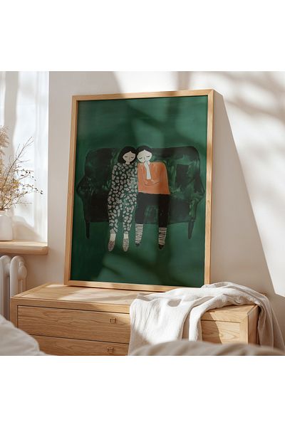 HİGUERA With Intimate and Warm Design - Custom Couple Illustration Natural Wooden Framed Painting