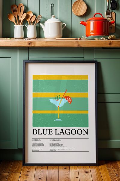 HİGUERA Blue Lagoon Cocktail BAR Tablou de perete de bucătărie cu cadru din lemn natural