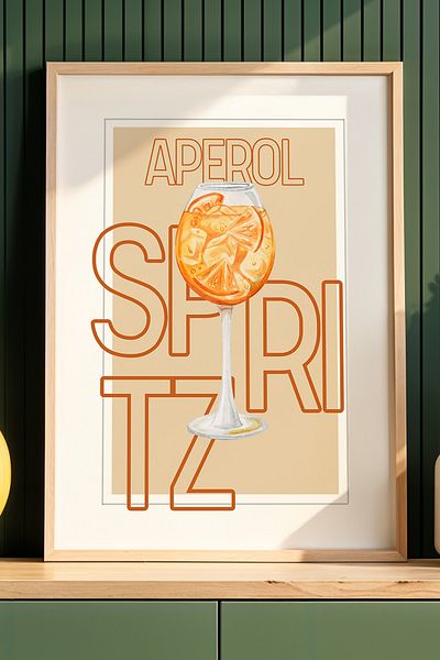 HİGUERA Aperol Spritz Cocktail Bar Ilustrație BAR Tablou de perete de bucătărie cu cadru din lemn natural