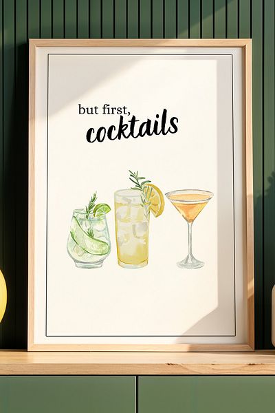HİGUERA Cocktail Ilustrație BAR Tablou de perete de bucătărie cu rame din lemn natural