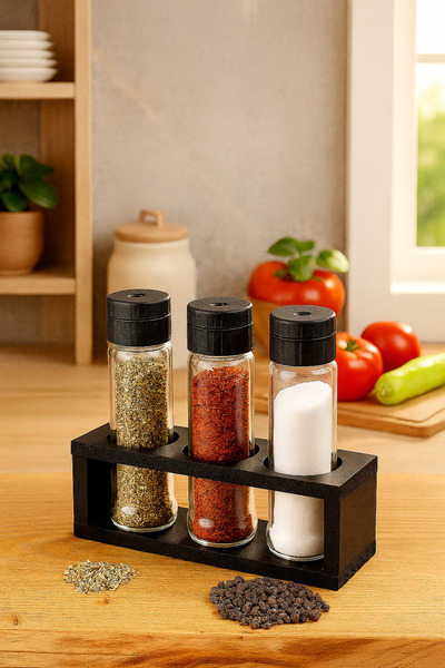 AzzaWood موزع ملح وفلفل زجاجي مكون من 3 قطع - مع حامل خشبي أسود