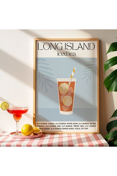 HİGUERA Long Island Iced Tea Minimalist Cocktail BAR Tablou de perete de bucătărie cu cadru din lemn natural