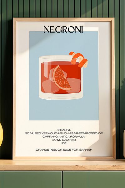 HİGUERA Negroni Blue Background Cocktail BAR Tablou de perete de bucătărie cu cadru din lemn natural