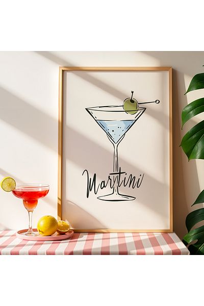 HİGUERA Minimal Martini Ilustrație BAR Tablou de perete de bucătărie cu cadru din lemn natural