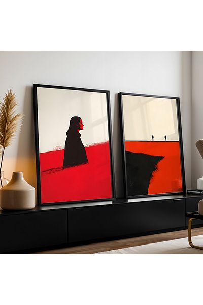 HİGUERA Desen abstract Roșu Abstract Dublu Pictură de perete cu cadru din lemn natural
