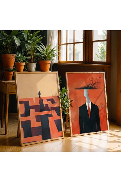 HİGUERA Geometric Expression Art Red Abstract Dual Natural Lemn Pictură de perete cu rame