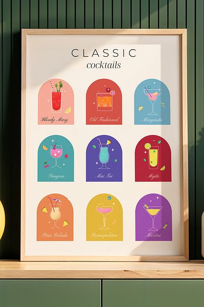 HİGUERA Classic Cocktails BAR Tablou de perete pentru bucătărie cu cadru din lemn natural