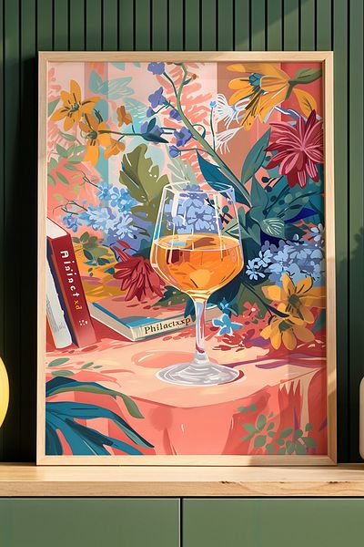 HİGUERA Flori Carte și Vin BAR Tablou de perete de bucătărie cu cadru din lemn natural