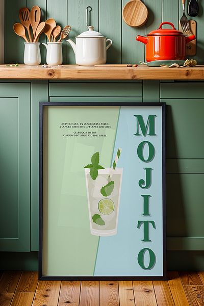 HİGUERA Mojito Colorful BAR Tablou de perete de bucătărie cu cadru din lemn natural