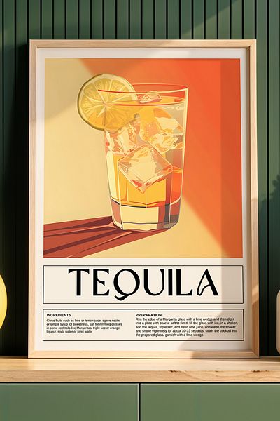 HİGUERA Tequila Retro BAR Tablou de perete pentru bucătărie cu cadru din lemn natural