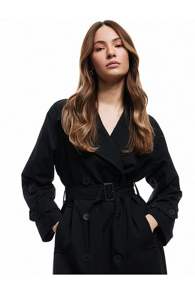 Koton Lined Pocket Belted Long Double Breasted Gabardine Trench Coat